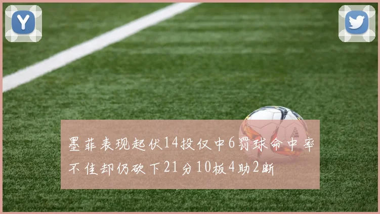 墨菲表现起伏14投仅中6罚球命中率不佳却仍砍下21分10板4助2断